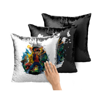 Ash Ketchum & Pikachu, Μαξιλάρι καναπέ Μαγικό Μαύρο με πούλιες 40x40cm περιέχεται το γέμισμα