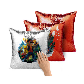 Ash Ketchum & Pikachu, Μαξιλάρι καναπέ Μαγικό Κόκκινο με πούλιες 40x40cm περιέχεται το γέμισμα