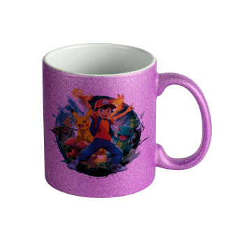 Ash Ketchum & Pikachu, Κούπα Μωβ Glitter που γυαλίζει, κεραμική, 330ml