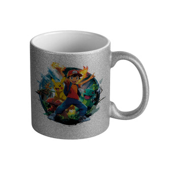 Ash Ketchum & Pikachu, Κούπα Ασημένια Glitter που γυαλίζει, κεραμική, 330ml