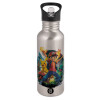 Water bottle Silver with straw, stainless steel 600ml