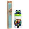 Easter Set, Children's thermal stainless steel bottle with safety straw, green/blue (350ml) & aromatic flat Easter candle (30cm) (TURQUOISE)