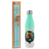 Easter Set, Metallic green/white thermos (Stainless steel), double-walled, 500ml & scented flat Easter candle (30cm) (TURQUOISE)