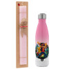 Easter Set, Metallic pink/white (Stainless steel) thermos, double-walled, 500ml & aromatic flat Easter candle (30cm) (PINK)
