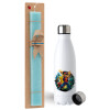 Easter Set, metallic stainless steel water bottle (750ml) & aromatic flat Easter candle (30cm) (TURQUOISE)