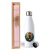 Easter Set, metallic stainless steel water bottle (750ml) & scented flat Easter candle (30cm) (PINK)