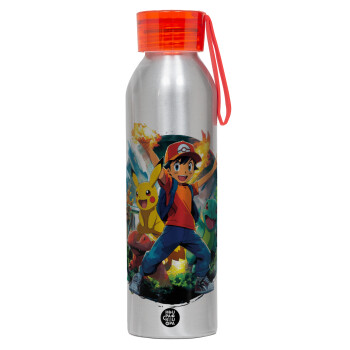 Ash Ketchum & Pikachu, Αλουμινένιο Αθλητικό Μπουκάλι 650ml – Ασημί με Κόκκινο Καπάκι και Λουράκι Σιλικόνης
