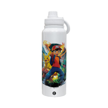 Ash Ketchum & Pikachu, 1L Stainless Steel Thermal Bottle with Phone Holder & Double Wall Insulation