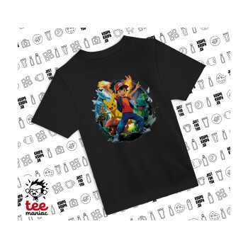 Ash Ketchum & Pikachu, Άνετο παιδικό T-Shirt ΜΑΥΡΟ από 100% βαμβάκι, για κάθε μέρα. Vegan & OEKO-TEX πιστοποιημένο.