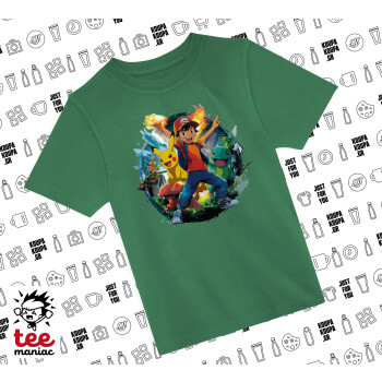 Ash Ketchum & Pikachu, Άνετο παιδικό T-Shirt ΠΡΑΣΙΝΟ από 100% βαμβάκι, για κάθε μέρα. Vegan & OEKO-TEX πιστοποιημένο.