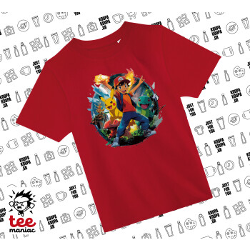 Ash Ketchum & Pikachu, Άνετο παιδικό T-Shirt ΚΟΚΚΙΝΟ από 100% βαμβάκι, για κάθε μέρα. Vegan & OEKO-TEX πιστοποιημένο.