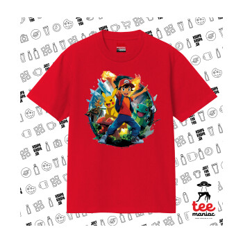 Ash Ketchum & Pikachu, Κλασικό T-Shirt, διπλής ραφής, χωρίς πλευρικές ραφές ΚΟΚΚΙΝΟ από 100% βαμβάκι. Vegan & OEKO-TEX πιστοποιημένο.