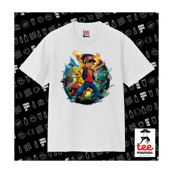 Ash Ketchum & Pikachu, Κλασικό T-Shirt, διπλής ραφής, χωρίς πλευρικές ραφές ΛΕΥΚΟ από 100% βαμβάκι. Vegan & OEKO-TEX πιστοποιημένο.