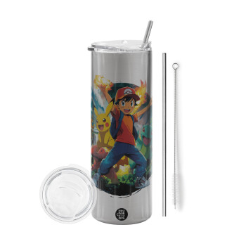Ash Ketchum & Pikachu, Tumbler ποτήρι θερμό Ασημένιο από ανοξείδωτο ατσάλι 600ml, με μεταλλικό καλαμάκι & βούρτσα καθαρισμού