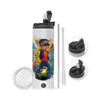 Ash Ketchum & Pikachu, Travel Tumbler 2 Lids, with metal straw & cleaning brush (Stainless steel 304 Food grade, BPA free, 600ml)