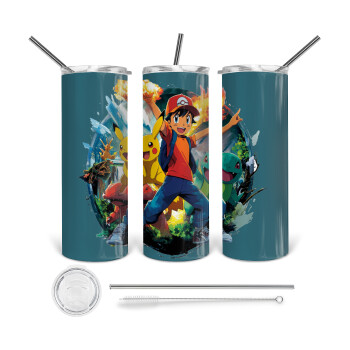 Ash Ketchum & Pikachu, Tumbler stainless steel 600ml, with metal straw & cleaning brush