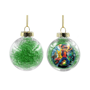 Ash Ketchum & Pikachu, Transparent Christmas tree ball ornament with green filling 8cm