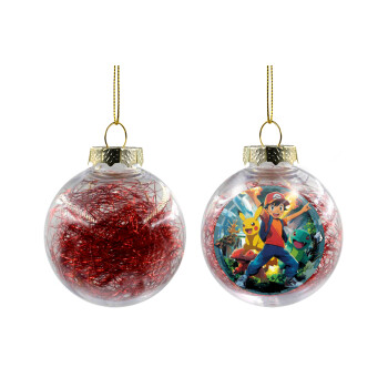 Ash Ketchum & Pikachu, Στολίδι Χριστουγεννιάτικη μπάλα δένδρου διάφανη με κόκκινο γέμισμα 8cm