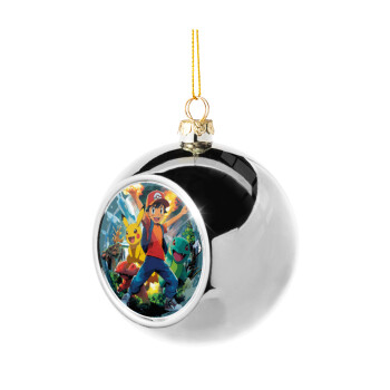 Ash Ketchum & Pikachu, Στολίδι Χριστουγεννιάτικη μπάλα δένδρου Ασημένια 8cm