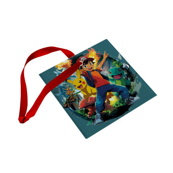 Ash Ketchum & Pikachu, Στολίδι Χριστουγεννιάτικο στολίδι γυάλινο τετράγωνο 9x9cm