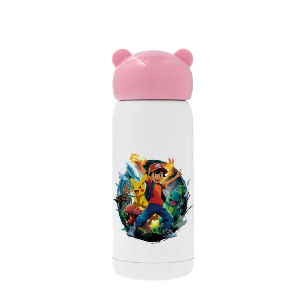 Ash Ketchum & Pikachu — Pink stainless steel thermal flask, 320ml
