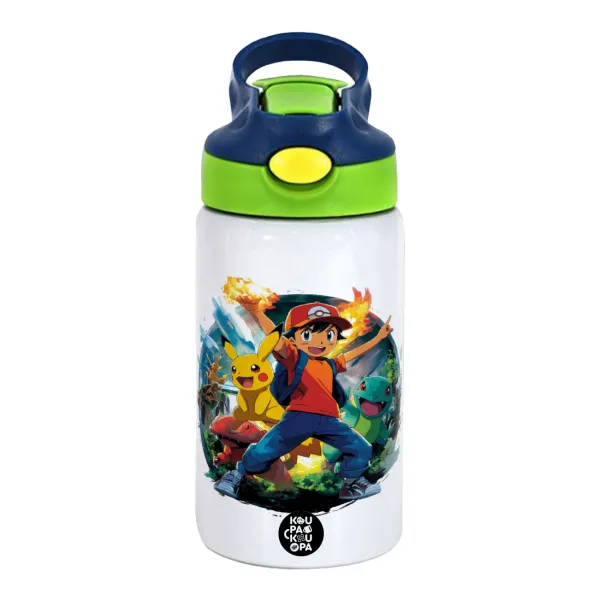 Ash Ketchum & Pikachu — Children's hot water bottle, stainless steel, with safety straw, green, blue (350ml)