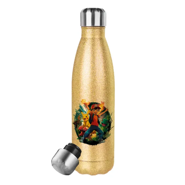 Ash Ketchum & Pikachu — Glitter gold stainless steel thermos bottle, double-walled, 500ml