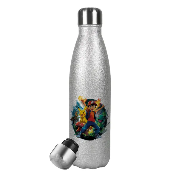 Ash Ketchum & Pikachu — Metallic Glitter Silver Thermos Flask (Stainless steel), double-walled, 500ml