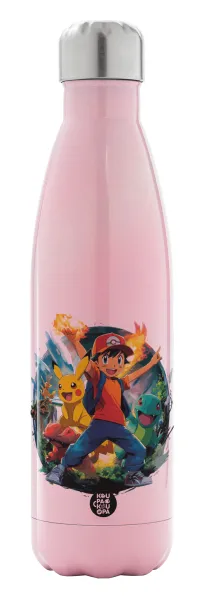 Ash Ketchum & Pikachu — Metal mug thermos Pink Iridiscent (Stainless steel), double wall, 500ml