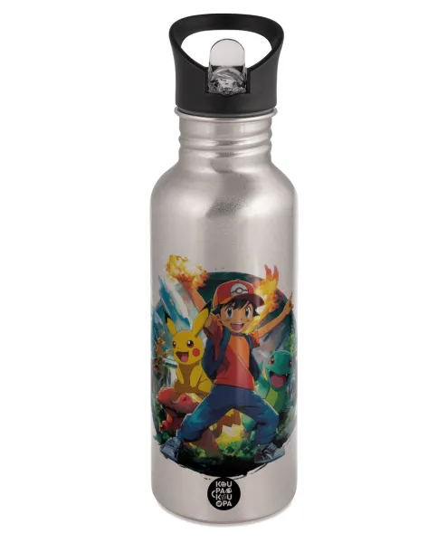 Ash Ketchum & Pikachu — Παγούρι νερού Ασημένιο με καλαμάκι, ανοξείδωτο ατσάλι 600ml