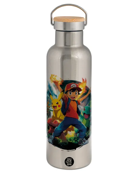 Ash Ketchum & Pikachu — Stainless steel Silver with wooden lid (bamboo), double wall, 750ml