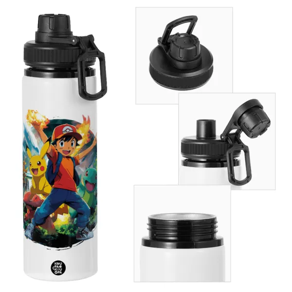 Ash Ketchum & Pikachu — Μεταλλικό παγούρι νερού με καπάκι ασφαλείας, αλουμινίου 850ml