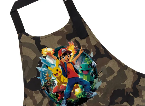 Ash Ketchum & Pikachu — Chef's cooking apron with pockets, cotton, camouflage (adult, 100% cotton)
