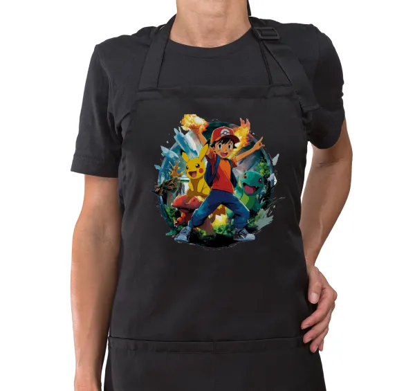 Ash Ketchum & Pikachu — Black full-length chef's cooking apron with pockets (adult)