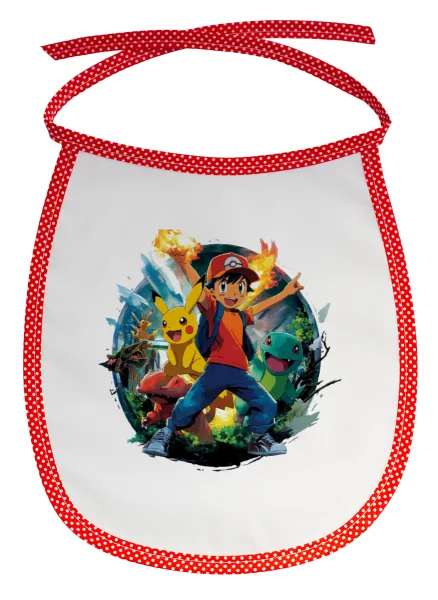 Ash Ketchum & Pikachu — Stain-resistant baby bib with tie, red