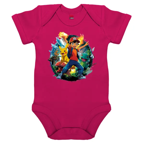 Ash Ketchum & Pikachu — Short-sleeve baby bodysuit, 0-18 months, PINK, 100% organic cotton