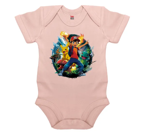 Ash Ketchum & Pikachu — Short-sleeve baby bodysuit, 0-18 months, POWDER PINK, 100% organic cotton