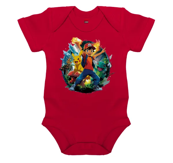 Ash Ketchum & Pikachu — Short-sleeve baby bodysuit, RED, 100% organic cotton