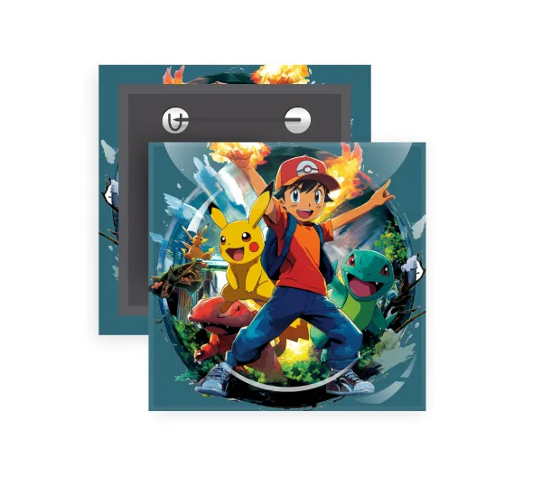 Ash Ketchum & Pikachu — Square pin badge, 5x5cm