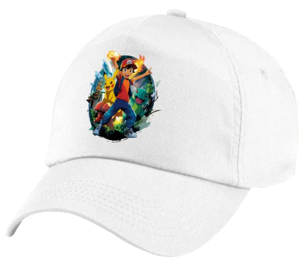 Ash Ketchum & Pikachu — Children's Baseball Cap, 100% Cotton Twill, White (COTTON, CHILDREN'S, UNISEX, ONE SIZE)