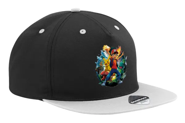 Ash Ketchum & Pikachu — Adult Flat Snapback Hat Black/Grey, (100% COTTON TWILL, ADULT, UNISEX, ONE SIZE)