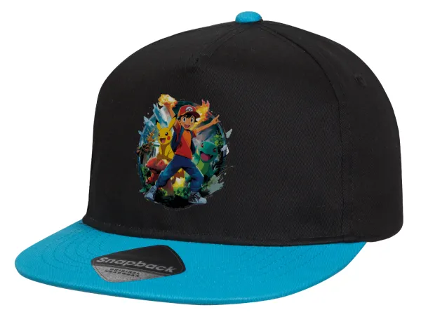 Ash Ketchum & Pikachu — Child's Flat Snapback Hat, Black/Blue (100% COTTON, CHILD, UNISEX, ONE SIZE)