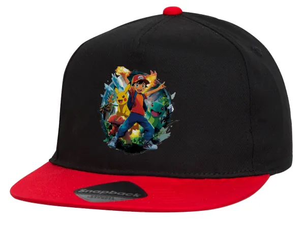Ash Ketchum & Pikachu — Flat Snapback Hat, Black/Red (100% COTTON, UNISEX, ONE SIZE)