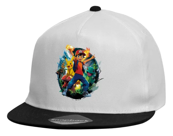 Ash Ketchum & Pikachu — Child's Flat Snapback Hat, White (100% COTTON, CHILDREN'S, UNISEX, ONE SIZE)