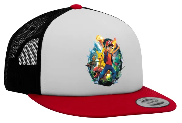 Ash Ketchum & Pikachu — Adult Foam Flat Snapback with Mesh Red-White-Black (POLYESTER, ADULT, UNISEX, ONE SIZE)