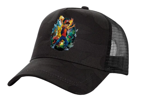 Ash Ketchum & Pikachu — Adult Structured Trucker Hat, with Mesh, Dark Army (100% COTTON, ADULT, UNISEX, ONE SIZE)