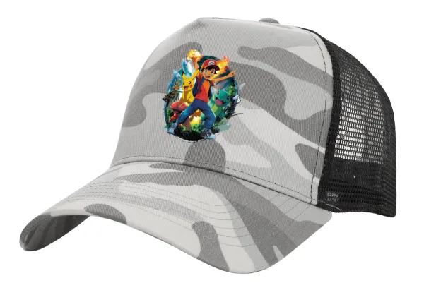 Ash Ketchum & Pikachu — Adult Structured Trucker Hat, with Mesh, (Camouflage) Army Camo (100% COTTON, ADULT, UNISEX, ONE SIZE)