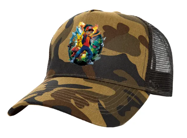 Ash Ketchum & Pikachu — Adult Structured Trucker Hat, with Mesh, (Camouflage) Army (100% COTTON, ADULT, UNISEX, ONE SIZE)