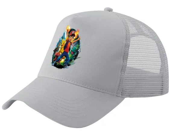Ash Ketchum & Pikachu — Trucker Hat with Mesh, GREY, (COTTON, KIDS, UNISEX, ONE SIZE)