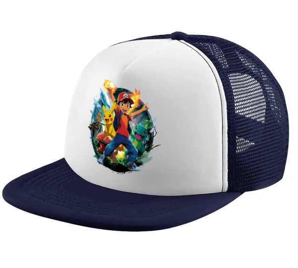 Ash Ketchum & Pikachu — Adult Soft Trucker Hat with Dark Blue/White Mesh (POLYESTER, ADULT, UNISEX, ONE SIZE)